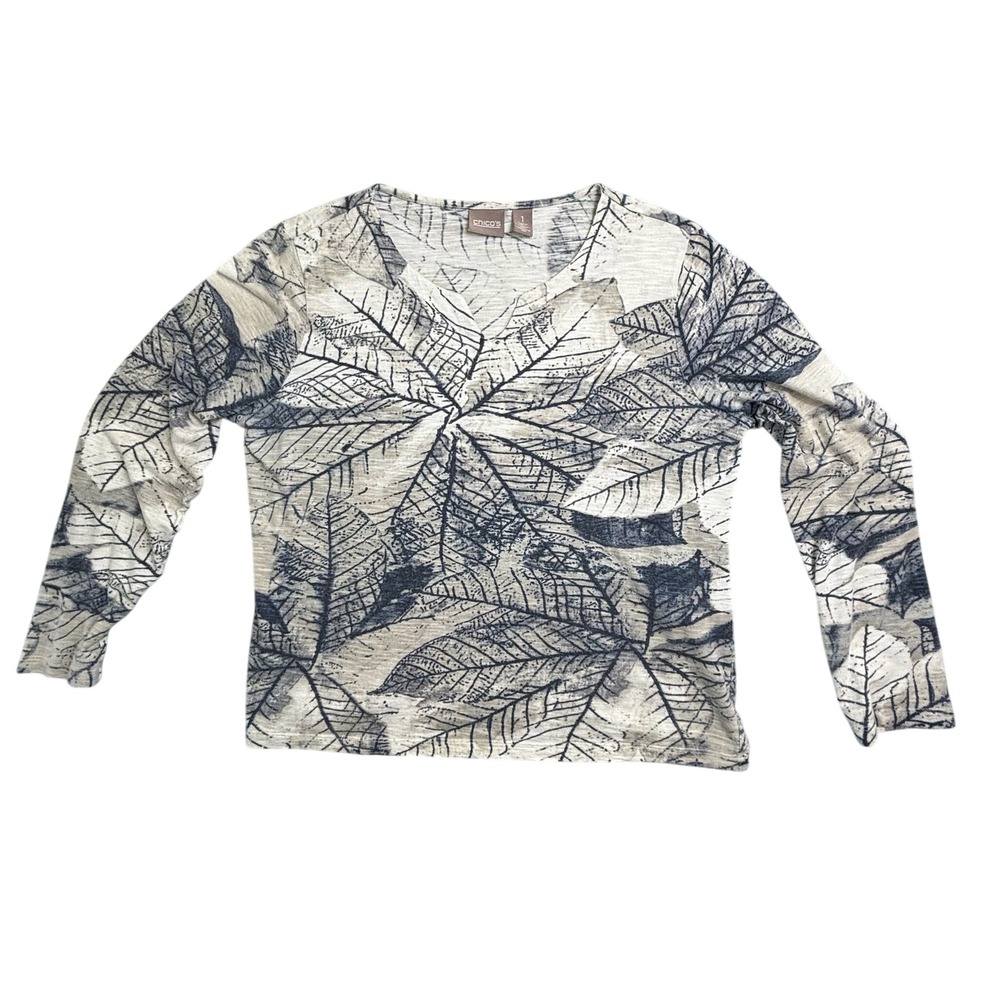 Chico's Shirt Women Size 1 US M‎ Cream Navy Leaf Long Sleeve Cotton Blend